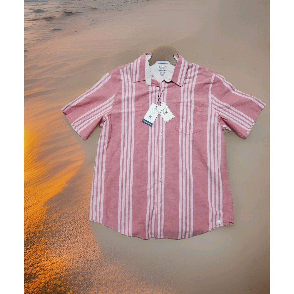 Chaps Seacoast Wash Mens XL Linen Blend Button Up Shirt Nantucket Red Stripe NWT
